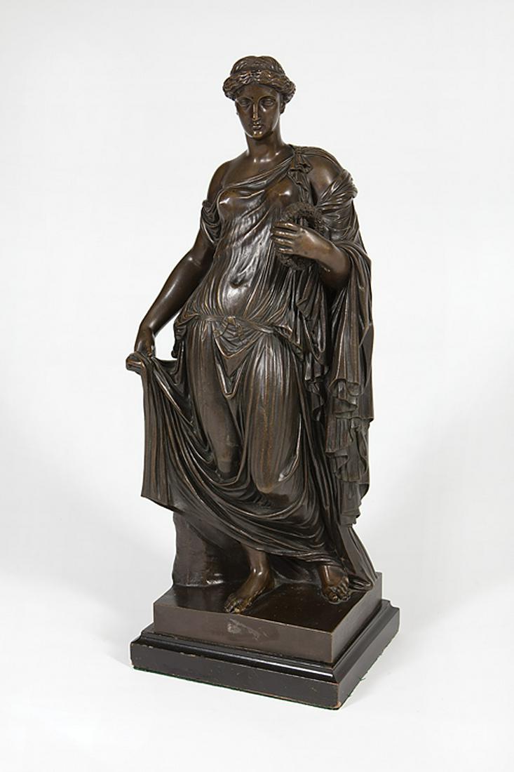 Bronze Allegorical Figure of "Flora": Bronze Allegorical Figure of "Flora" , after John Michael Rysbrack, inscribed "Thenard EA" on tree stump, h. 17 1/2 in., w. 6 1/4 in., d. 5 in., painted wood base, overall h. 18 3/4 in . Provenance: S