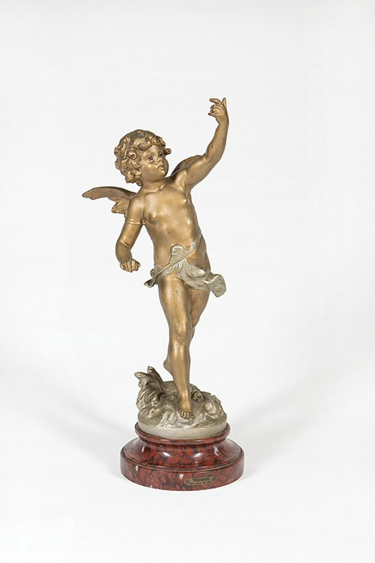 Gilt Metal Figure of a Putto: Gilt Metal Figure of a Putto , after Auguste Moreau, signature inscribed on self-base, h. 15 3/4 in., w. 5 3/4 in., d. 5 1/2 in., marble base, overall h. 18 in . Provenance: Schwitz Collection, Frankl