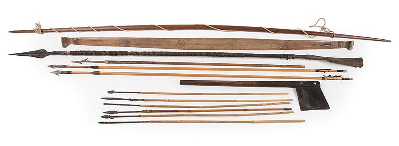 African Hunting Implements: African Hunting Implements , incl. 2 bows, l. 64 1/4 in. and 47 1/2 in.; 2 arrows, l. 45 3/4 in. and 46 in.; spear, metal wrapped, bell opposite tip, l. 55 3/4 in.; six spears, longest l. 27 7/8 in.;