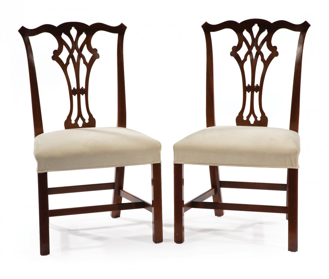 Pair of George III-Style Mahogany Side Chairs: Pair of George III-Style Mahogany Side Chairs, shaped crest rail, pierced splats over upholstered seats, stretchered legs, h. 39 1/4 in., w. 23 in., d. 21 1/2 in. [$200/300]