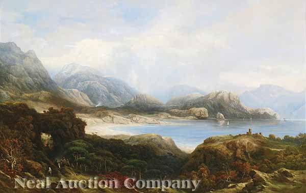 Attributed to Edward Lear (English, 1812-1888): Attributed to Edward Lear (English, 1812-1888) , "A Rocky Coastal Scene on the Adriatic", oil on canvas, unsigned, 25 1/2 in. x 40 in., framed