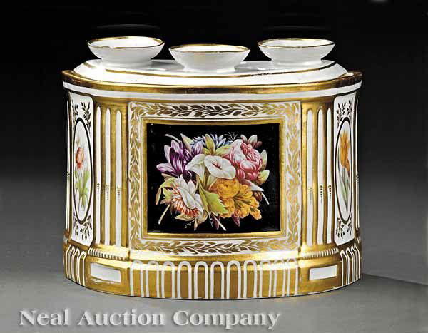 Polychrome, Gilt-Decorated Porcelain Bough Pot: An English Polychrome and Gilt-Decorated Porcelain Demilune Bough Pot with Cover , c. 1820, probably Derby, unmarked, white ground with neoclassical columns and banding, reserved with a floral bouquet