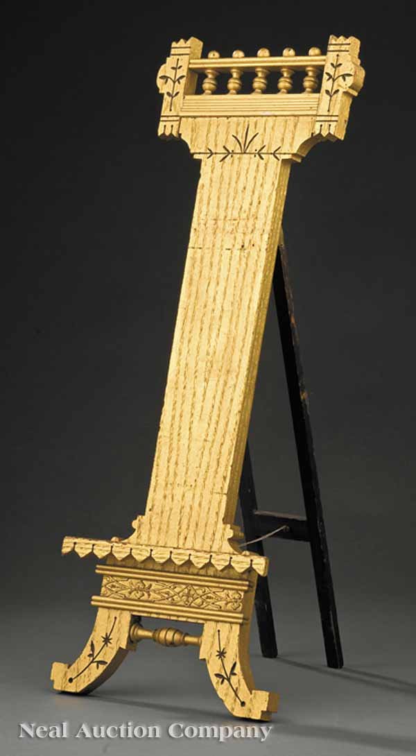 Rare Eastlake Incised Giltwood Table-Top Easel: A Rare Eastlake Incised Giltwood Table-Top Easel , late 19th c., American or English, spindle cornice over a columnar body with sawtooth platform, outswept base, height 21 3/4 in., width 8 3/4 in., de