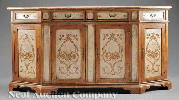 Italian Paint-Decorated Credenza: An Italian Neoclassical-Style Paint-Decorated Credenza , canted top above a conforming base with four frieze drawers and cupboards below, on shaped bracket feet , height 43 in., width 84 1/2 in., dept