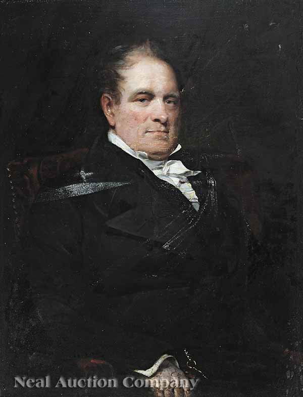 English School, early 19th c: English School, early 19th c ., "Dr. George Vance Scovell", oil on canvas, labels from "Humphrey Brothers, Southsea", "Curtiss Storage", and "British Antique Exporters Ltd. New Haven, England" en vers