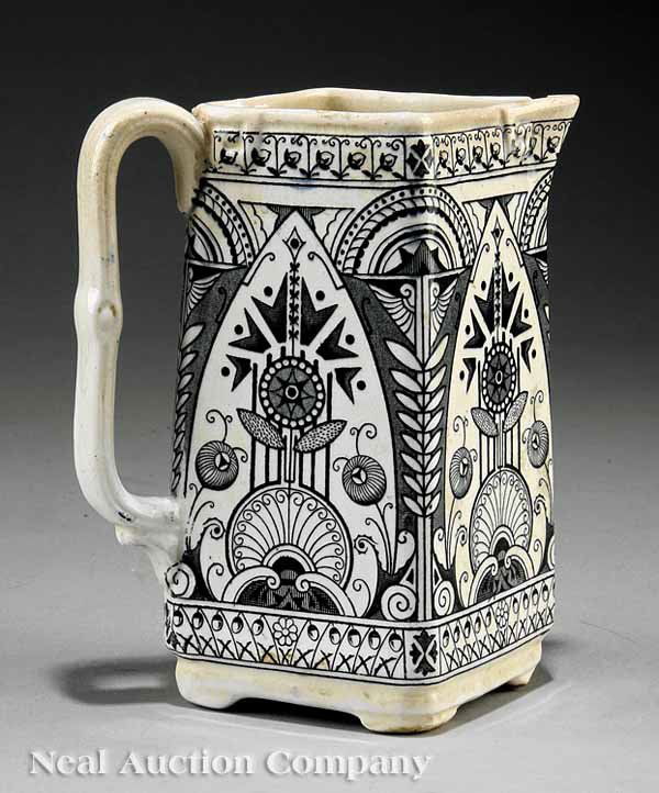 Old Hall Pottery Co. Earthenware Pitcher: An English Arts and Crafts Old Hall Pottery Co., Earthenware Pitcher , c. 1886 designed by Christopher Dresser, black-on-white transfer printed with geometric and floral designs, height 6 in