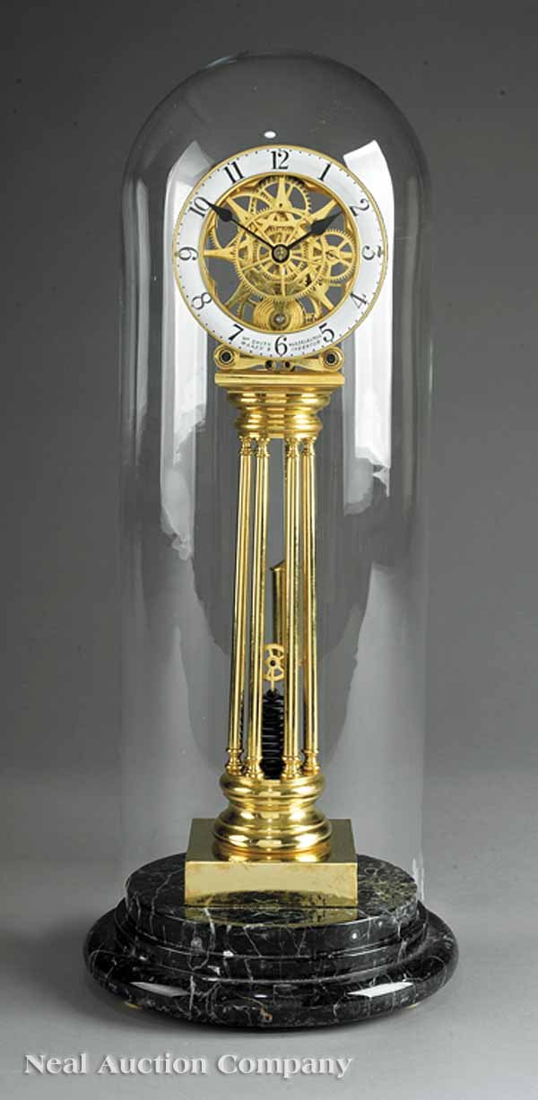 Gilt Brass Skeleton Clock: A Gilt Brass Skeleton Clock , 20th c., after William Smith, spring driver, fusee movement, bears pseudo-mark "Wm Smith Musselburgh / Maker & Inventor", glass dome, on stepped marble base, height 23 1/