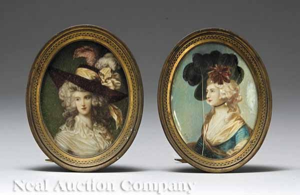 Continental School, Pair of Portrait Miniatures: Continental School , a pair of portrait miniatures of "Beautiful Ladies", both oil on ivory, one signed "Roi" lower left, the other signed "Tillot" lower left, each sight 3 1/4 in. x 2 1/2 in., in mat