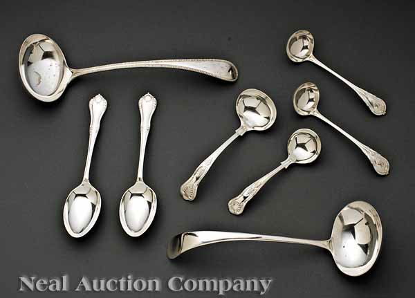 Group Antique, Vintage English Silverplate Ladles: A Group of Antique and Vintage English Silverplate Ladles , including a soup ladle with beaded edge, a soup ladle with typt back, 2 "King's Pattern" sauce ladles, a pair of Victorian sauce ladles, and