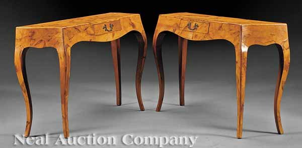 Pair of Italian Figured Walnut Console Tables: A Pair of Italian Rococo-Style Figured Walnut Console Tables , serpentine top, each apron fitted with a small drawer, cabriole legs , height 29 in., width 48 1/2 in., depth 14 in