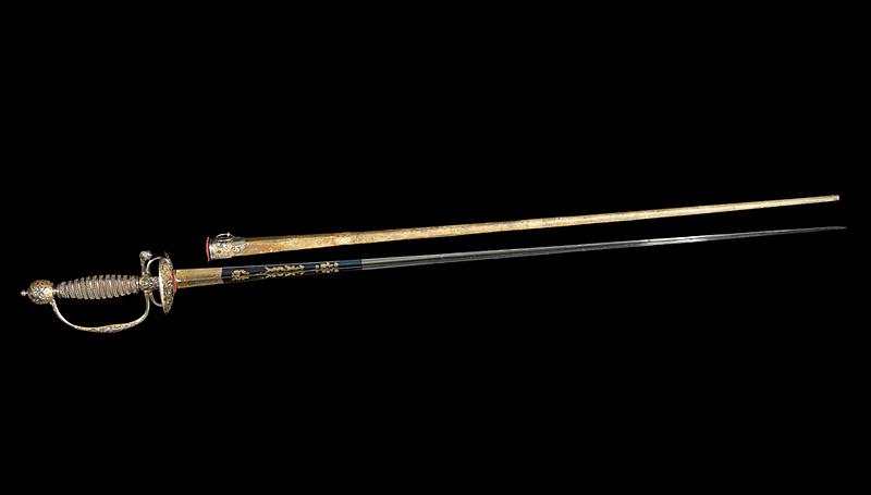 Fine French Small-Sword with Chiseled Steel Hilt: Fine French Small-Sword with Chiseled Steel Hilt , c. 1760, tapering blade of hollow triangular section etched, blued and gilt on each side of forte with rococo sprays and "Bourdin Gendre & Successeur