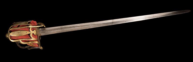 Scottish Officer: Scottish Officer's 1797 Pattern Regulation Broadsword , c. 1800, tapering blade with central fuller on each face of forte, latter faintly etched "Atkinson, 33 Manchester Street, Liverpool" on one side