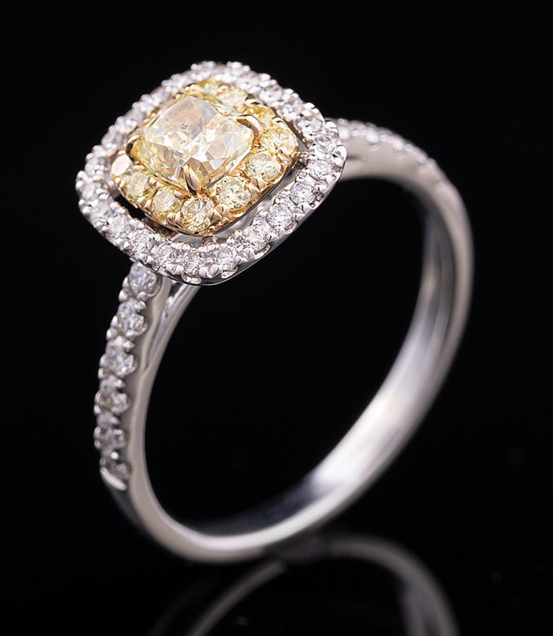 14 kt. White and Yellow Gold and Diamond Ring: 14 kt. White and Yellow Gold and Diamond Ring , center prong set cushion modified brilliant cut Fancy Deep Brownish Orangey Yellow diamond, wt. 0.60 ct., 4.73 x 4.51 x 3.11 mm, SI2 clarity; double hal