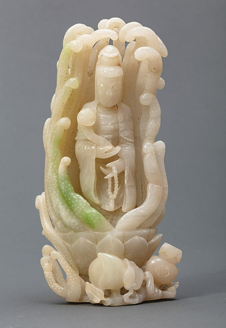 Chinese Jadeite Figure of Guanyin: Chinese Jadeite Figure of Guanyin , modeled standing on lotus base with a Buddha's hand citron "mandorla", holding ruyi scepter and bead necklace, h. 10 in Provenance: Whisnant Galleries Collection, N