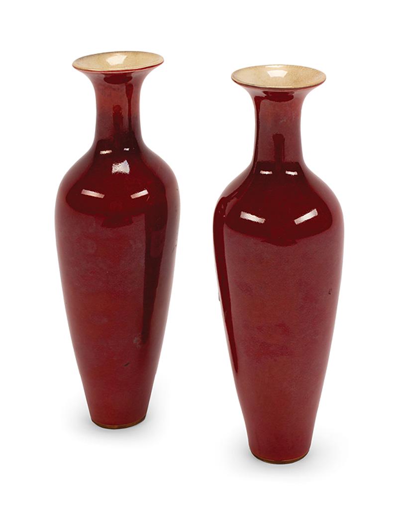 Chinese Sang de Boeuf Porcelain Amphora Vases: Pair of Chinese Sang de Boeuf Porcelain Amphora Vases , exteriors with oxblood red glaze, interiors and bases with cream crackle glaze , h. 9 1/2 in