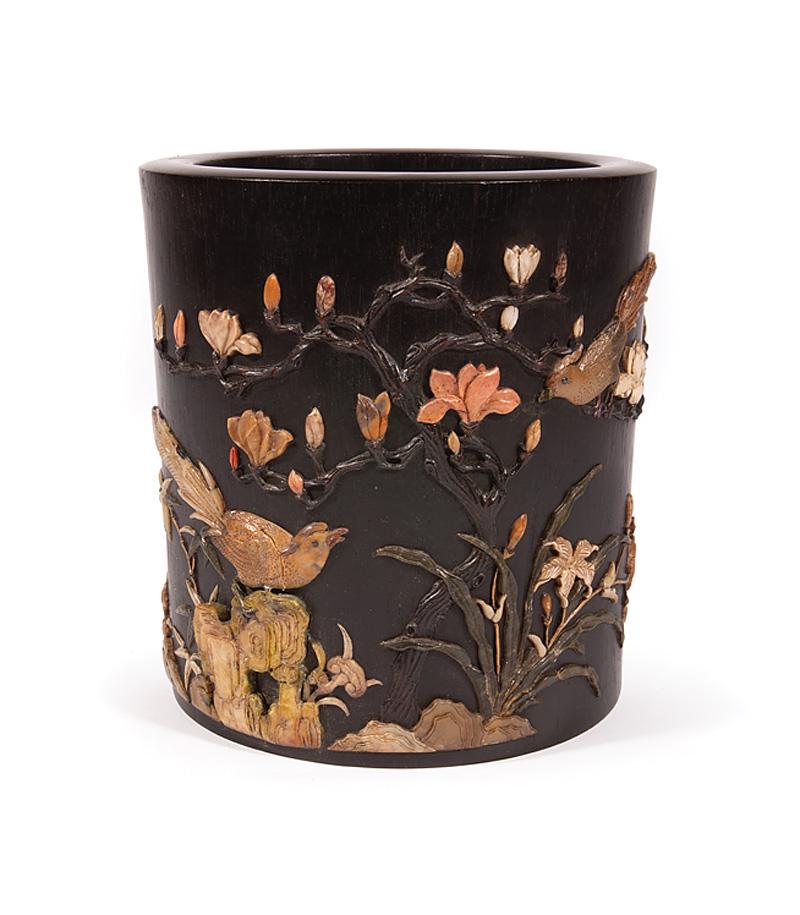Chinese Soapstone Embellished Hardwood Brush Pot: Chinese Soapstone Embellished Hardwood Brush Pot , decorated with birds amid flowers, linghzhi, bamboo, and rockwork, resin inscription and seals, h. 7 5/8 in., dia. 7 1/4 in Provenance: Whisnant Gall