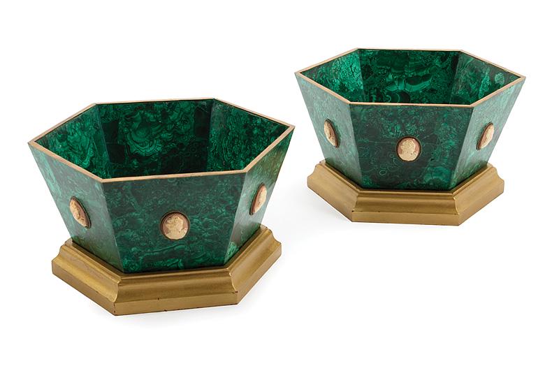 Malachite Hexagonal Jardinieres, Giltwood Bases: Pair of Malachite Hexagonal Jardinieres on Giltwood Bases , with applied cameo portrait medallions , h. 7 in., dia. 13 1/2 in