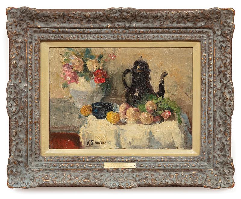 Victor Simonin (Belgian, 1877-1946): Victor Simonin (Belgian, 1877-1946) , "Cafetiere Bleue", oil on paper mounted on board, signed lower left, inscribed and artist biography en verso, 10 3/8 in. x 14 1/4 in., framed with artist and titl