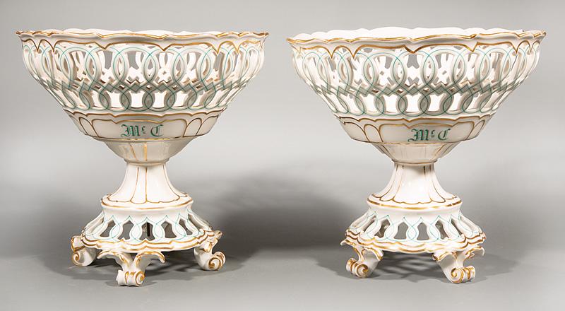 Pair of Vieux Paris Porcelain Corbeilles: Pair of Vieux Paris Porcelain Corbeilles , c. 1850, reticulated bodies with green and gilt decoration, Gothic monogram "McC", scroll feet, h. 9 1/2 in., dia. 9 3/4 in