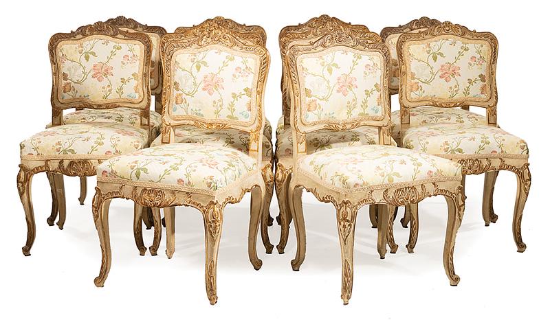 Ten Carved Crème Peinte and Gilt Dining Chairs (1 of 3)