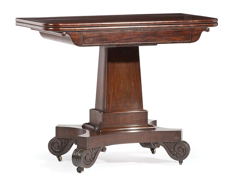 Carved Mahogany Games Table, William Fisk: American Classical Carved Mahogany Games Table , William Fisk (1770-1844), early 19th c., Boston, stenciled "Wm. Fisk Cabinetmaker Washington St. Boson", foldover swivel top, paneled frieze, reverse t