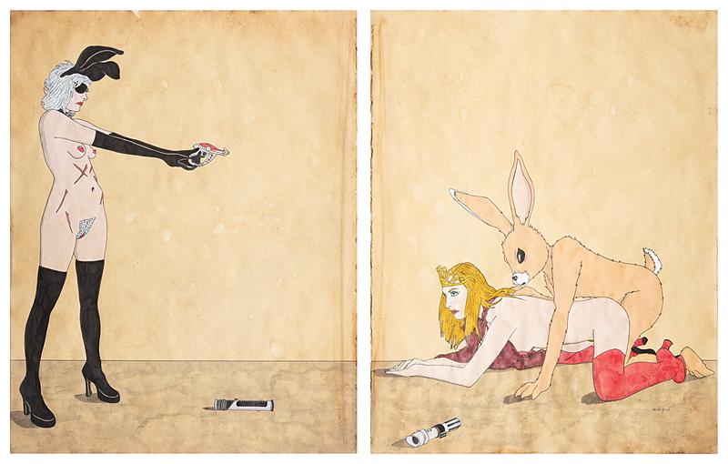 Blake Boyd (American/New Orleans, b. 1970): Blake Boyd (American/New Orleans, b. 1970) , "Laser Pussy (Diptych)", watercolor and ink on paper, pencil-signed lower right on right sheet, each sheet 13 1/2 in. x 10 in., overall 13 1/2 in. x 20 in.