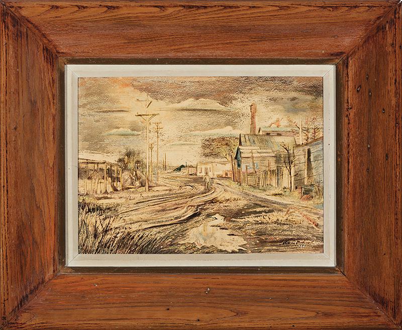 Aaron Bohrod (American/Wisconsin, 1907-1992): Aaron Bohrod (American/Wisconsin, 1907-1992) , "Tracks, La Crosse", 1956, hand-enhanced lithograph on board, signed and dated lower right, titled, dated, inscribed and remnants of "Associated American