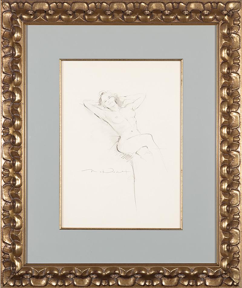 P. Sanders McNeal (American/Mississippi, b. 1949): P. Sanders McNeal (American/Mississippi, b. 1949) , "Reclining Nude", graphite on paper, signed mid-left, "Nunnery's Gallery, Jackson, MS" label on backing paper, 15 3/4 in. x 11 5/8 in., framed