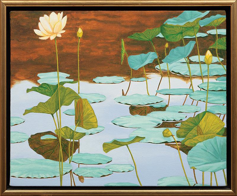 Attributed to Mary Sims (American/Tennessee): Attributed to Mary Sims (American/Tennessee, 1940-2004) , "Untitled (Waterlilies)", acrylic on canvas, unsigned, 13 in. x 16 in., framed