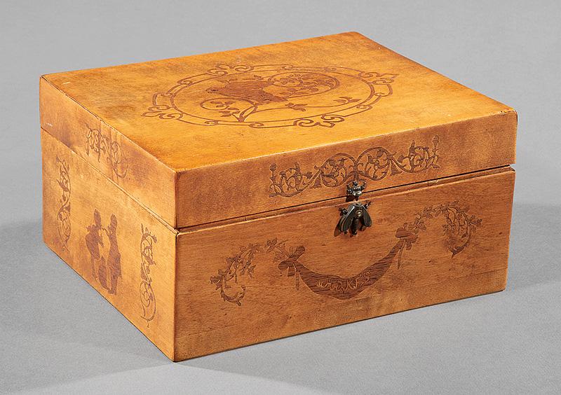 Five Decorative Boxes: Five Decorative Boxes , incl. fruitwood marquetry, bee-form clasp, h. 5 in., w. 10 in., d. 8 1/4 in.; Continental brass with double-headed eagle, h. 2 in., w. 5 1/4 in., d. 3 1/4 in.; English hardwood