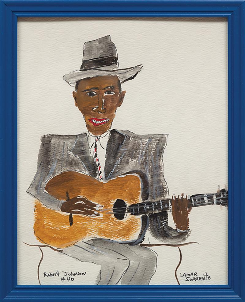 Lamar Sorrento (American/Tennessee, 20th c.): Lamar Sorrento (American/Tennessee, 20th c.) , "Robert Johnson #40", watercolor on paper, signed lower right, titled lower left, 10 in. x 8 in., framed