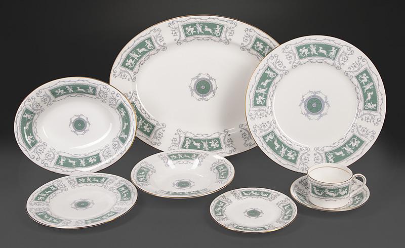 Coalport Bone China Dinner Service: Coalport "Revelry Adam Green" Bone China Dinner Service , late 20th c., marked, incl. 12 dinner plates, dia. 10 5/8 in.; 11 salad plates, dia. 8 in.; 12 soups, dia. 8 in.; 12 bread and butters, dia. 6