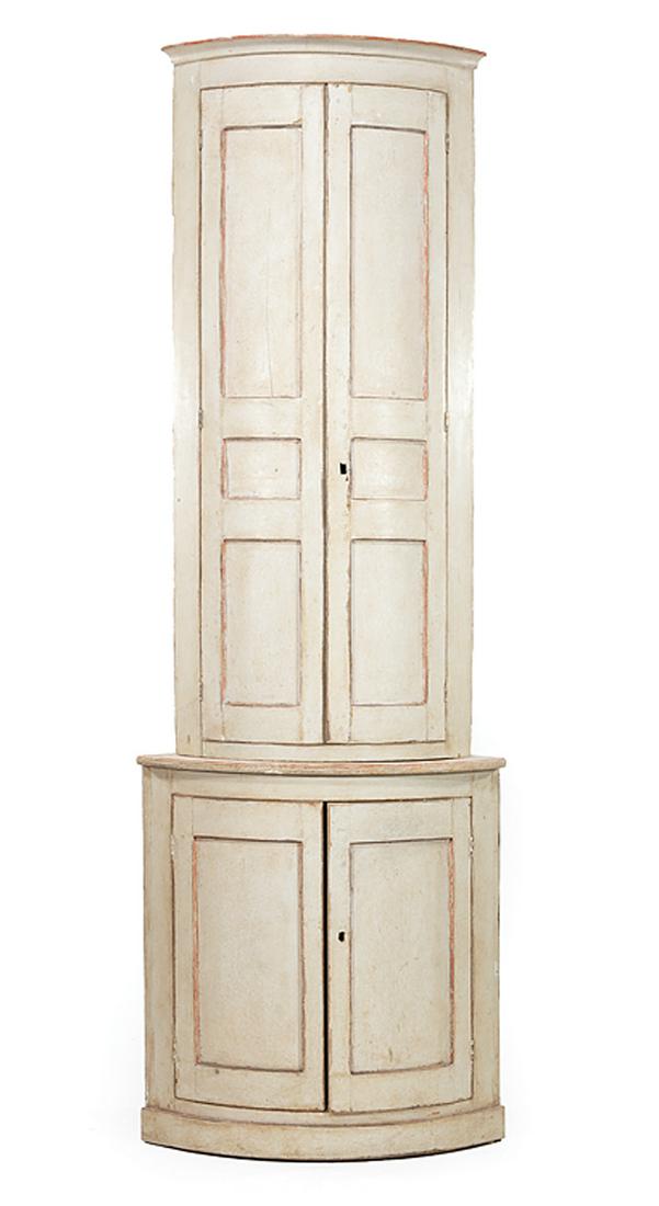 French Verte Peinte Encoignure: Antique French Verte Peinte Encoignure , early 19th c., in two parts, upper case with cavetto cornice, two paneled doors; conforming lower case fitted with paneled doors, plinth base, h. 98 in., w. 33