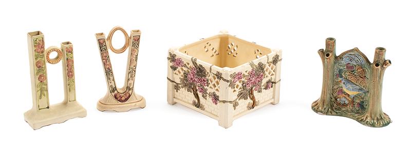 Four Weller Polychrome Pottery Table Objects: Four Weller Polychrome Pottery Table Objects , marked, incl. 3 bud vases, and reticulated jardiniere , jardiniere h. 5 1/2 in., w. 7 1/2 in., d. 7 1/2 in