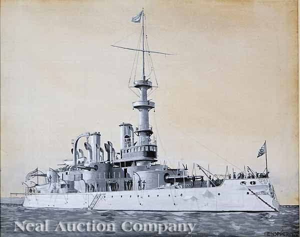 Edward Hopper (American, 1882-1967): Edward Hopper (American, 1882-1967), "Destroyer of the Great White Fleet", gouache and pencil en grisaille on paper, signed and dated "1900" lower right, Kennedy Galleries, New York, label en verso, s