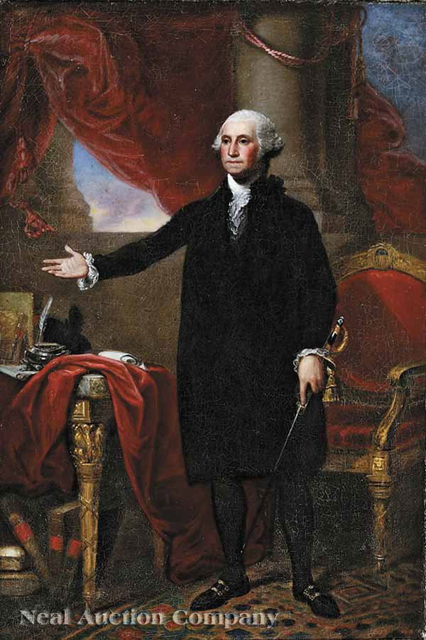 Thomas Badger (American/Massachusetts, 1792-1868): Thomas Badger (American/Massachusetts, 1792-1868), "George Washington", oil on canvas, after the 1796 portrait by Gilbert Stuart, inscribed "Painted by T. Badger, Boston, 1840" en verso, 30 7/8 in. x