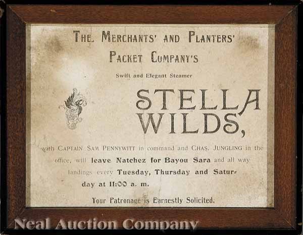 Steamboat Related Passes and Broadsides: A Group of Steamboat Related Passes and Broadsides, 19th c., including a group of five passes; advertisement for the Natchez, small advertisement for the Stella Wilds, advertisement for the Moses Tayl