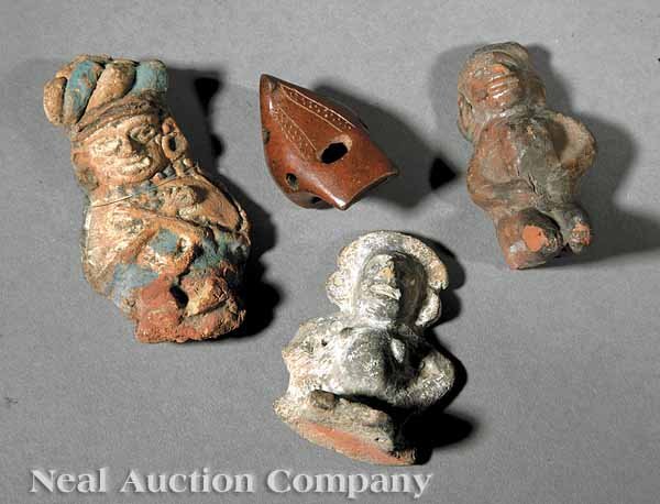 Aztec Earthenware Figurines, Bird's Head Whistle: A Group of Three Aztec Earthenware Figurines and a Bird's Head Whistle, c. 1200-1519, including two figures of kneeling pregnant females, one with hands clasping her belly, the other with hands on hip