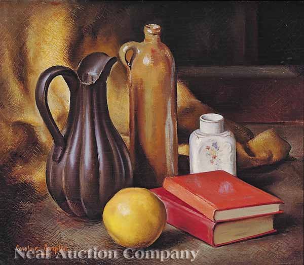 Caroline Russell Compton (American/Mississippi): Caroline Russell Compton (American/Mississippi, 1907-1987), "Still Life with a Grapefruit", oil on panel, signed lower left, sight 13 1/2 in. x 16 1/8 in., in a giltwood frame