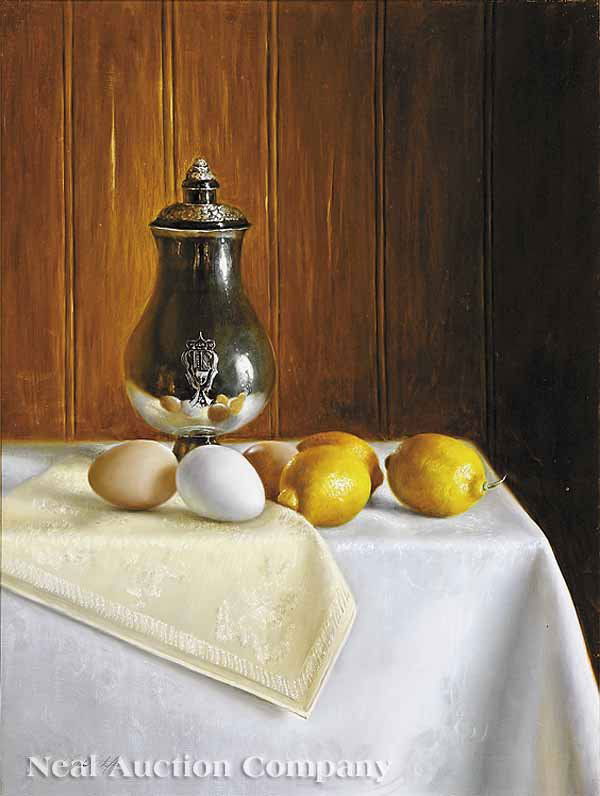 William Acheff (American/New Mexico, b. 1947): William Acheff (American/New Mexico, b. 1947), "Silver, Linen, Eggs and Lemons", oil on canvas, signed lower left, signed twice and titled en verso, 24 1/8 in. x 18 in., in a giltwood frame