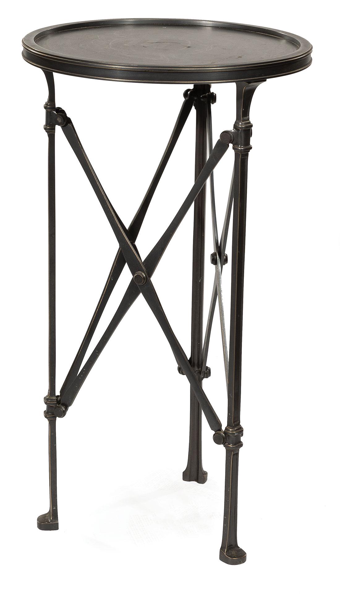 Empire-Style Iron Gueridon: Empire-Style Iron Gueridon , dished top, X supports, h. 24 1/2 in., dia. 14 in