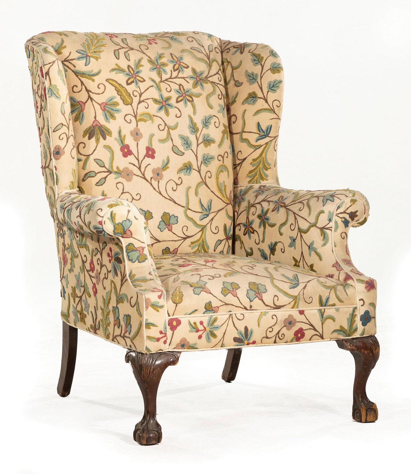Chippendale-Style Wing Chair: Chippendale-Style Wing Chair , carved knees, ball and claw feet , h. 39 1/2 in., w. 28 in., d. 25 1/2 in