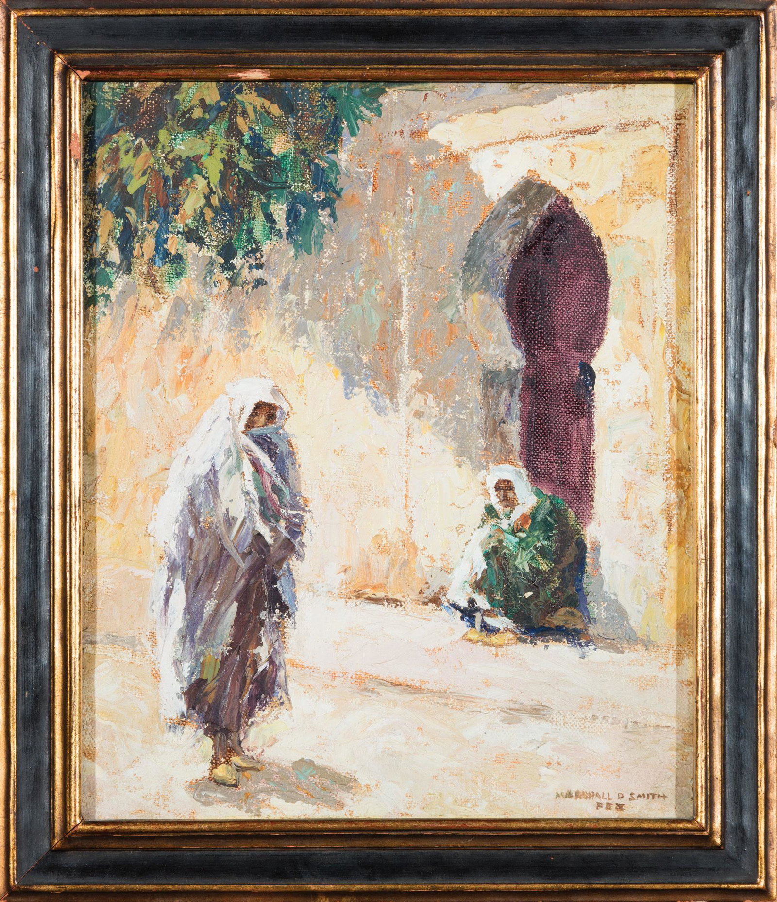 Marshall D. Smith (American/Louisiana): Marshall D. Smith (American/Louisiana, 1874-1973) , "Fez", oil on canvas mounted to board, signed and titled lower right, 12 in. x 10 in., framed Condition: Canvas loose from backing board; surface di