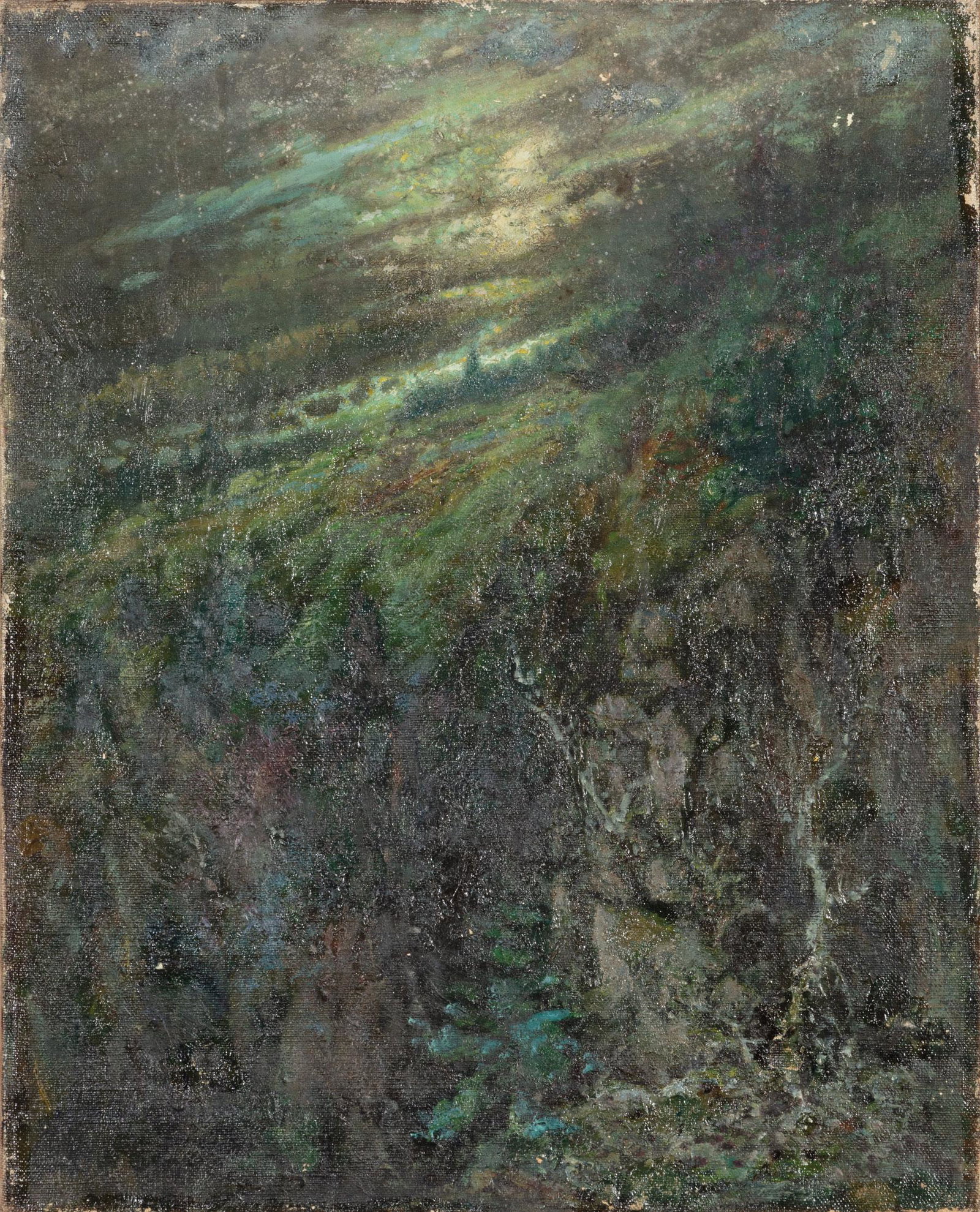 Henry Mortikar Rosenberg (American): Henry Mortikar Rosenberg (American, 1858-1947) , "The Storm and the Hill", oil on canvas, signed lower left, pencil-titled on stretcher, 20 in. x 16 1/4 in., unframed Condition: Surface dirt; marks, s