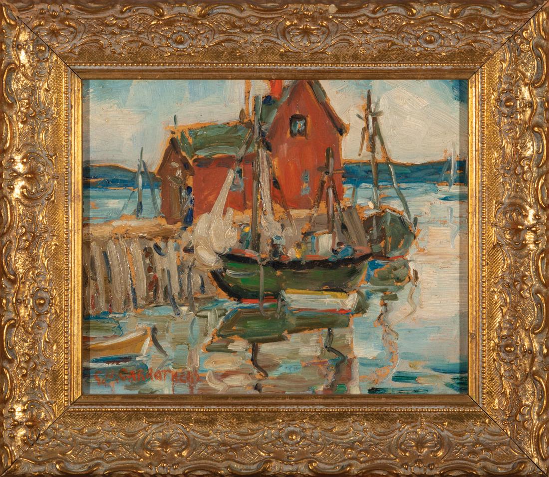 Grace Neville Carrothers (American/OK): Grace Neville Carrothers (American/Oklahoma, 1882-1961) , "Gloucester, Inner Harbor", oil on board, signed lower left, handwritten label with title on backing paper, 8 1/8 in. x 11 in., framed Conditi