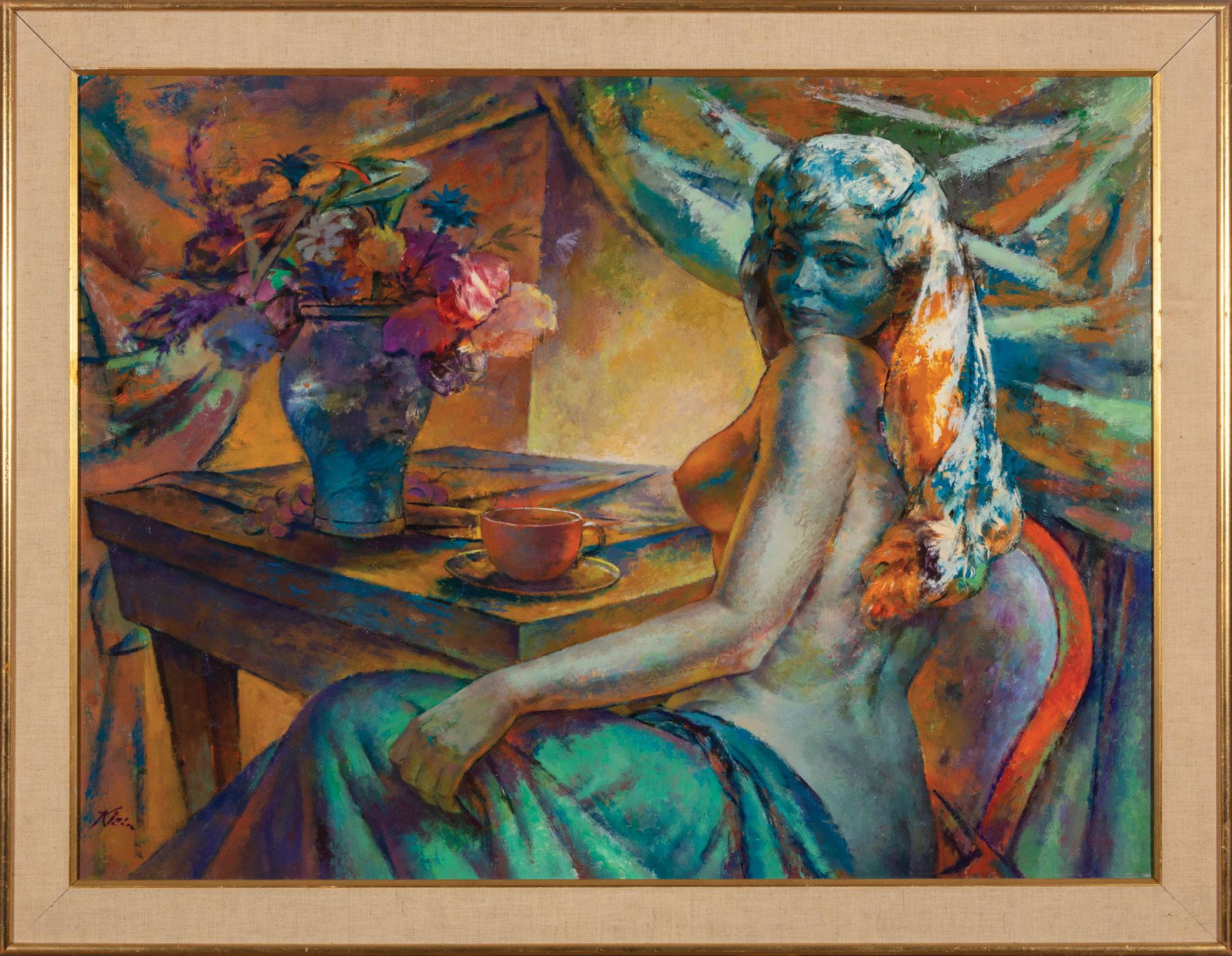 Sandor C. Klein (American/New York): Sandor C. Klein (American/New York, 1912-1995) , "Rest Period - 2", oil on masonite, signed lower left, handwritten label with artist and title on stretcher, 30 in. x 40 in., framed Condition: Light s