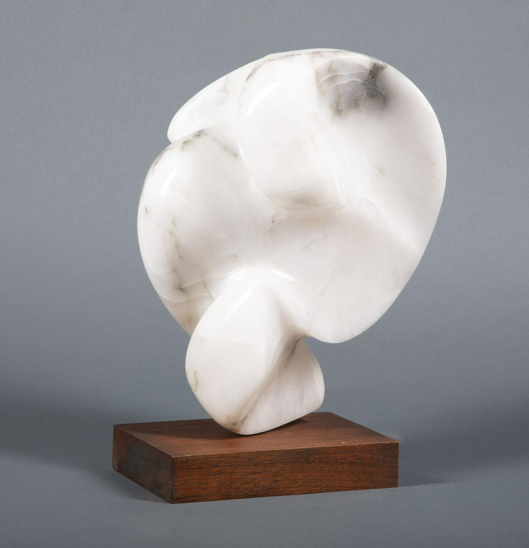 Arthur Eugene Matheny (American, 1933): Arthur Eugene Matheny (American, 1933-1988) , "Bio Morphic Life", alabaster, unsigned, handwritten label with artist and title on underside of base, h. 12 5/8 in., wood base, overall h. 14 1/2 in Cond