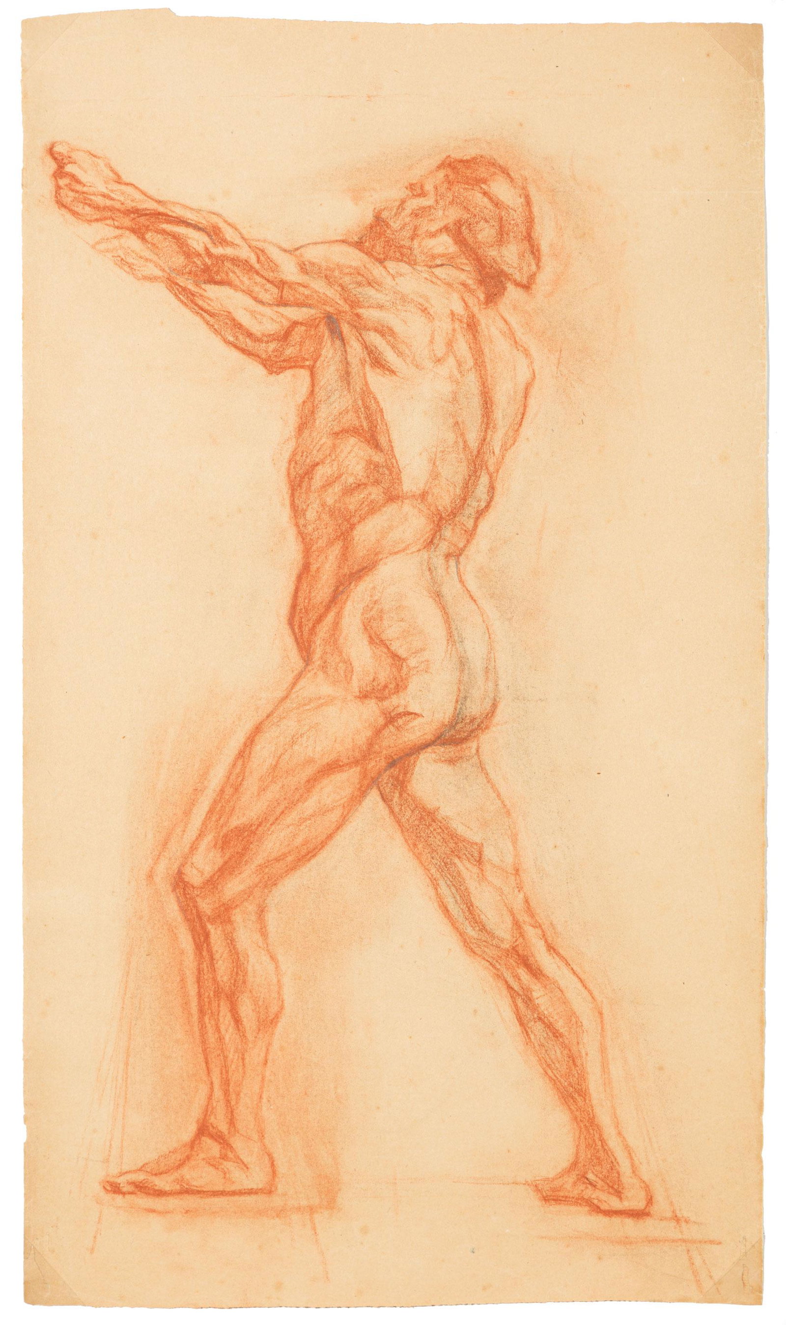 Victoria Mörs (German, 1858-1957): Victoria Mörs (German, 1858-1957) , "Male Nude with Raised Arms", red chalk and graphite on paper, unsigned, 25 7/8 in. x 14 1/2 in., unframed Condition: Repaired losses and stabilized tears; toning;