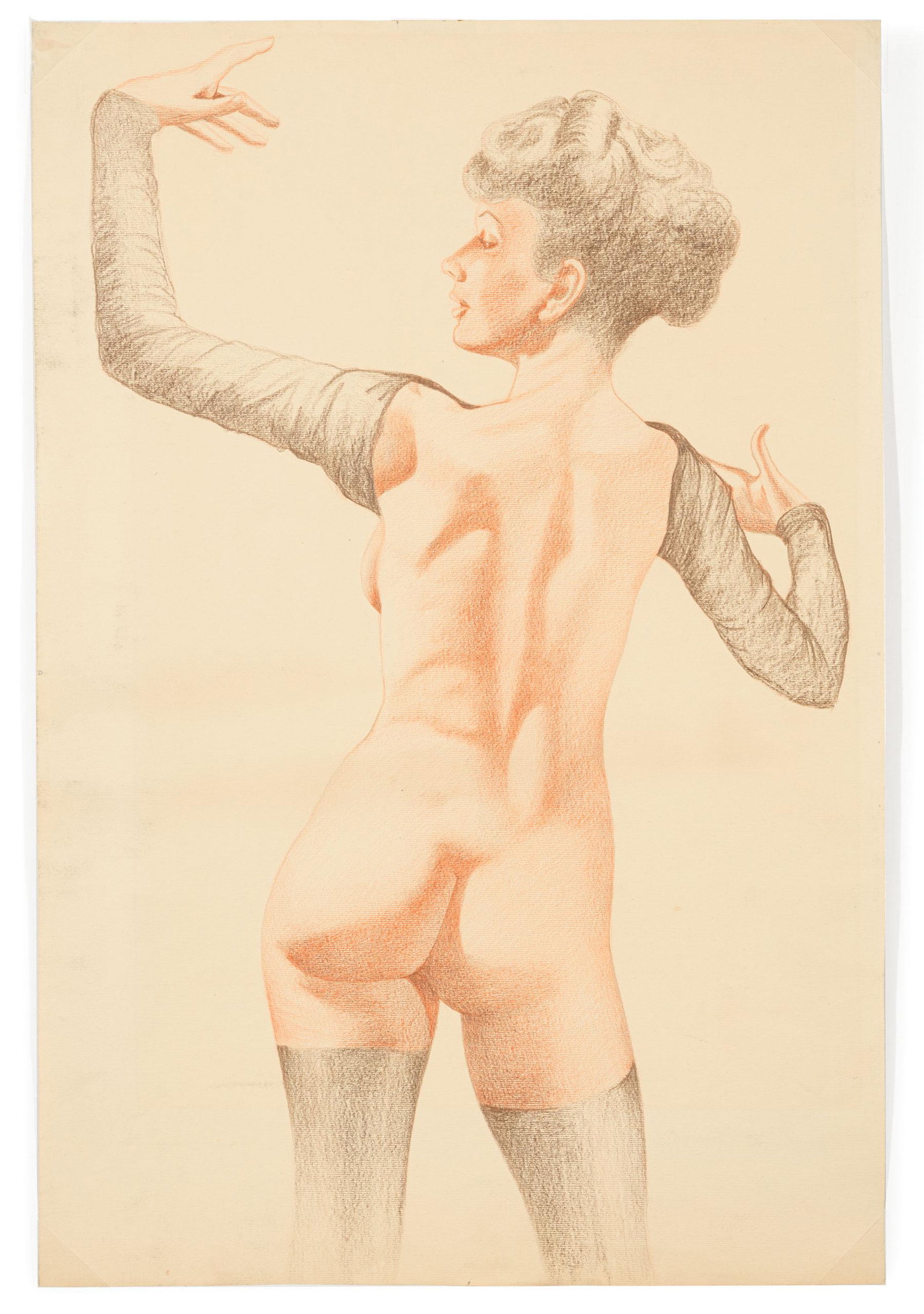 Continental School, 20th c: Continental School, 20th c ., "Study of Nude Woman", conté crayon and graphite on paper, unsigned, 24 in. x 16 in., unframed Condition: Toning; light waffling of paper; unevenly trimmed edges; marks 