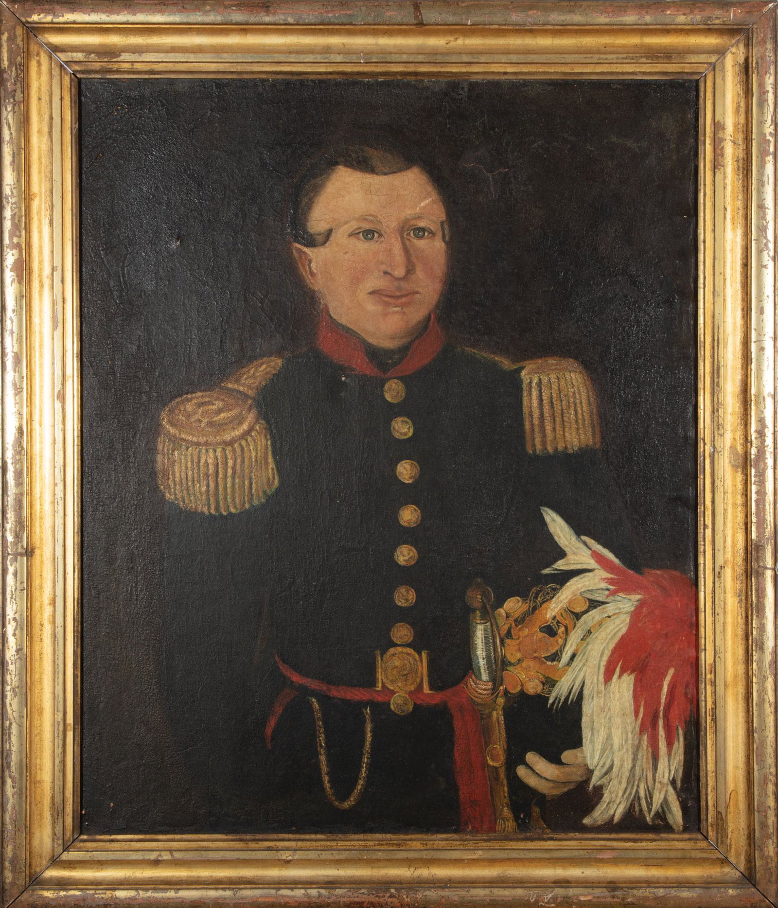 Continental School 19th c: Continental School 19th c ., "Portrait of a Gentleman in Uniform", oil on canvas, unsigned, titled on handwritten label on stretcher, 30 in. x 25 in., framed Condition: Overall poor condition; not rem